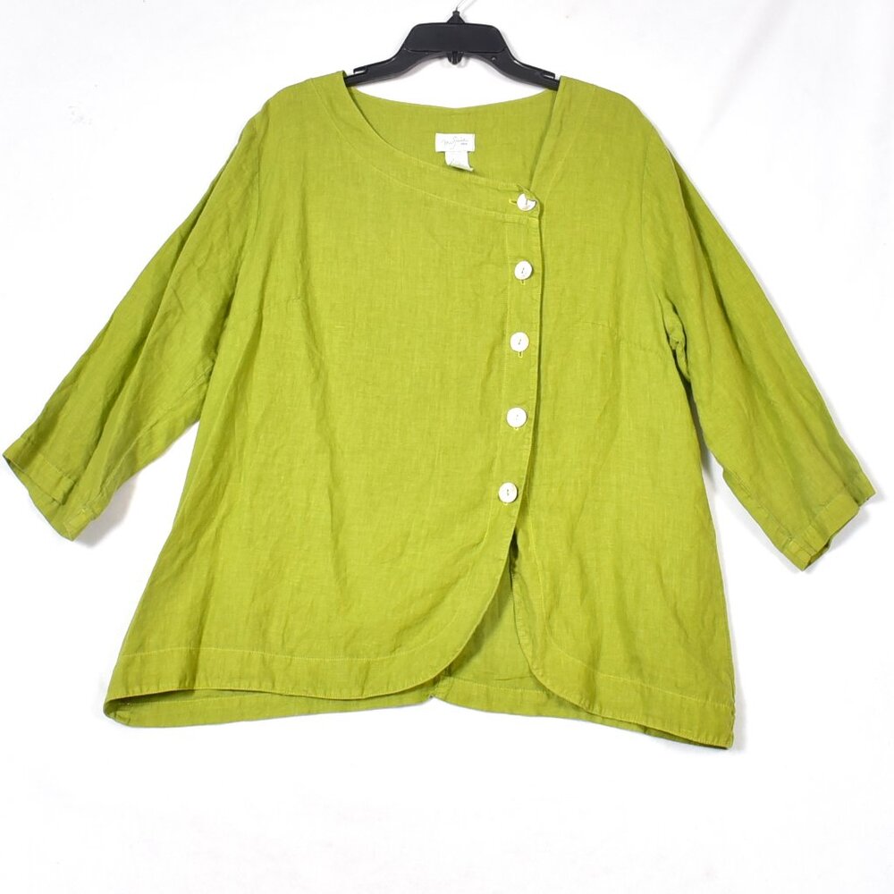Mosaic USA Women’s Blouse XL Green 100% Linen Asymmetrical Button Front
